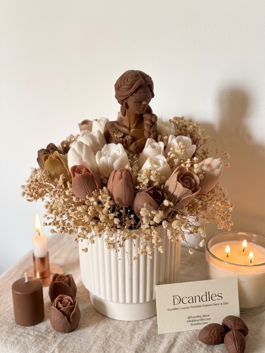 Bouquet Scultoreo in Vaso di Ceramica "Dea Bendata & Fiori Botanici"