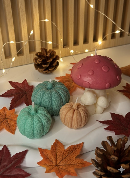 🍂 Set di Candele Autunnali "Magia nel Bosco" con Piattino in Ceramica 🍄