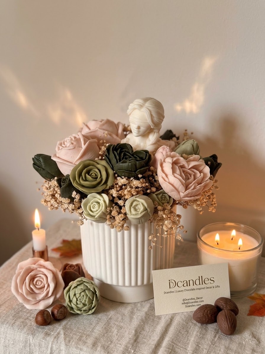 Bouquet Scultoreo in Vaso di Ceramica "Dea Bendata & Fiori Botanici"