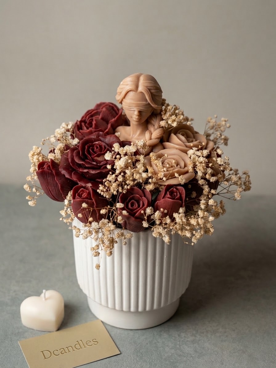 Bouquet Scultoreo in Vaso di Ceramica "Dea Bendata & Fiori Botanici"